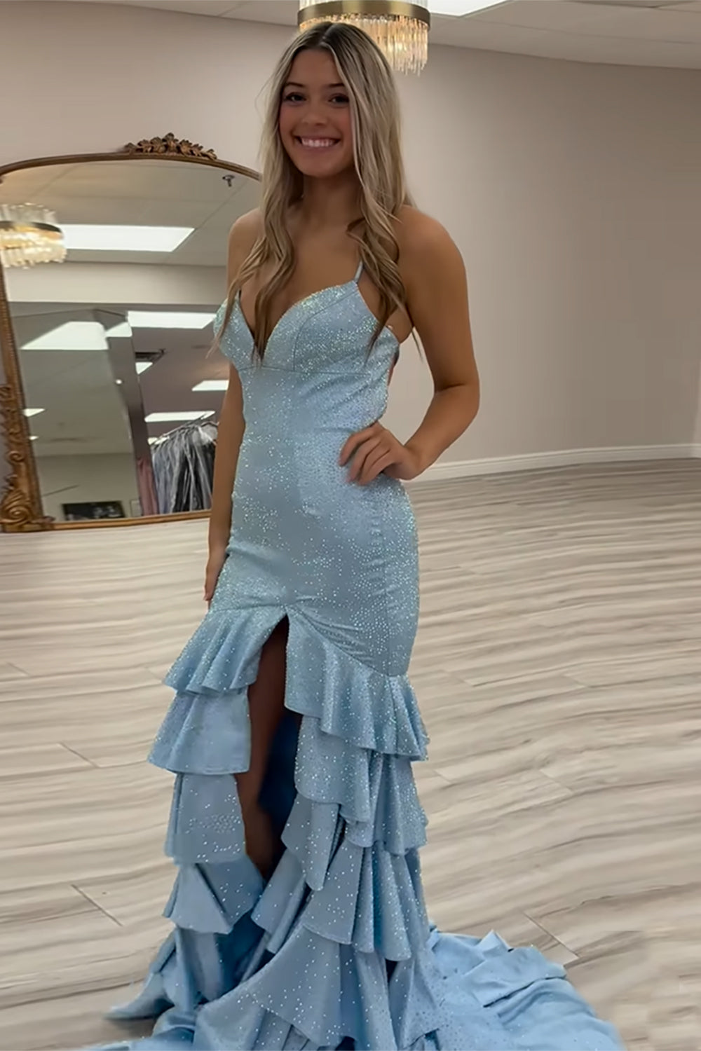 Black Sparkly Mermaid Prom Dress with Beaded Spaghetti Straps and Tiered Slit