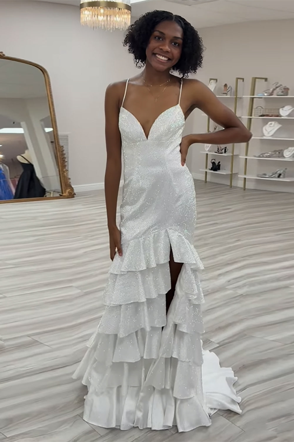 Black Sparkly Mermaid Prom Dress with Beaded Spaghetti Straps and Tiered Slit