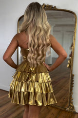 Golden A Line Corset Short Homecoming Dress/Mini Dress With Ruffles