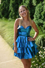 A Line Golden Sweetheart Corset Short Homecoming Dress/Mini Dress With Ruffles