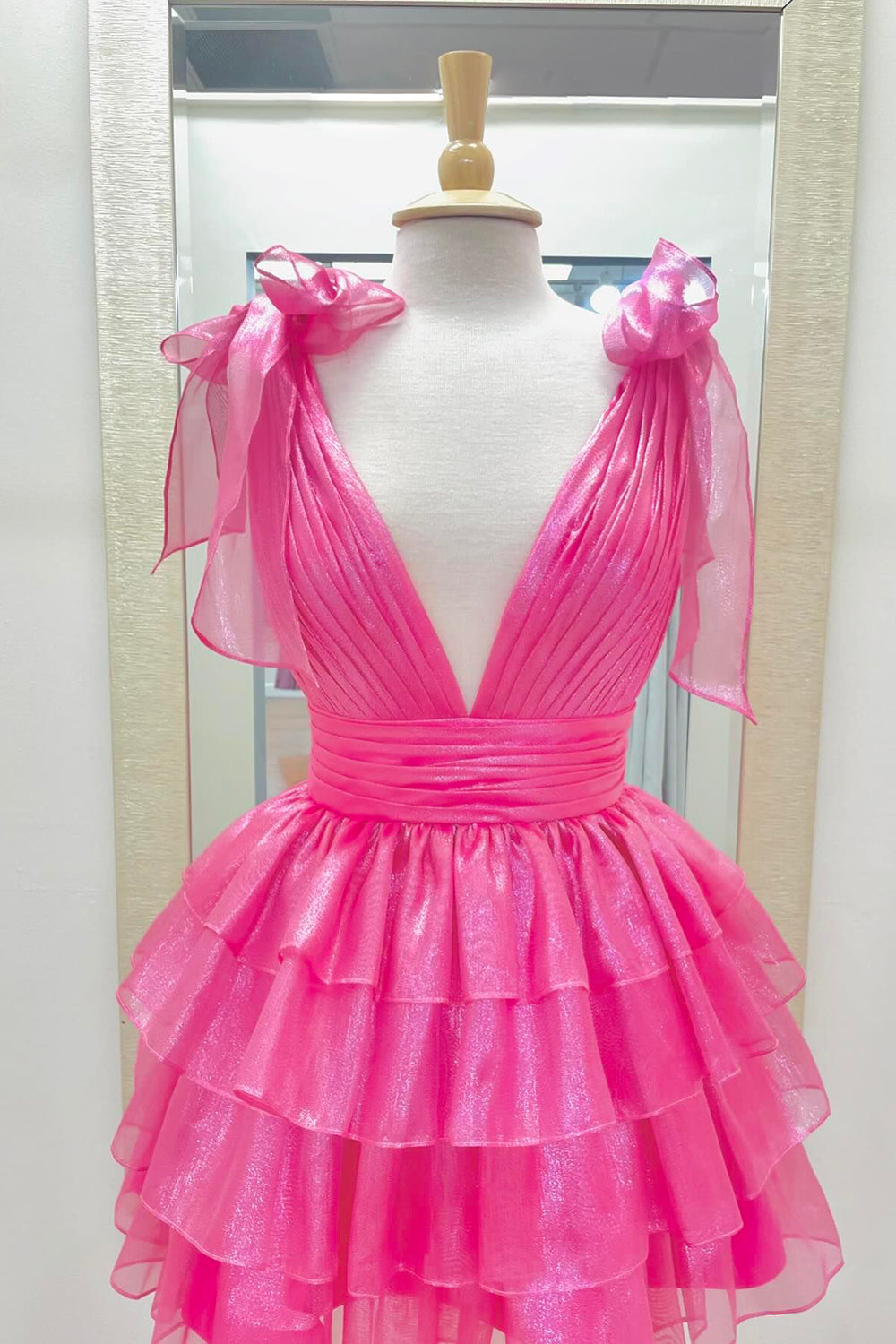 Fuchsia A Line V Neck Ruffled Short Homecoming Dress/Mini Dress