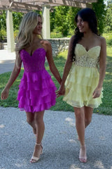 Sparkly A Line Fuchsia Corset Strapless Short Homecoming Dress/Mini Dress with Ruffles