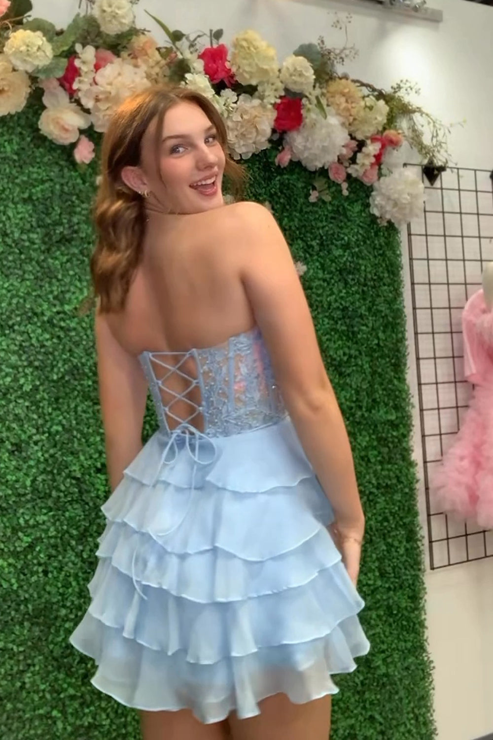 Sparkly A Line Pink Strapless Corset Short Homecoming Dress/Mini Dress with Ruffles