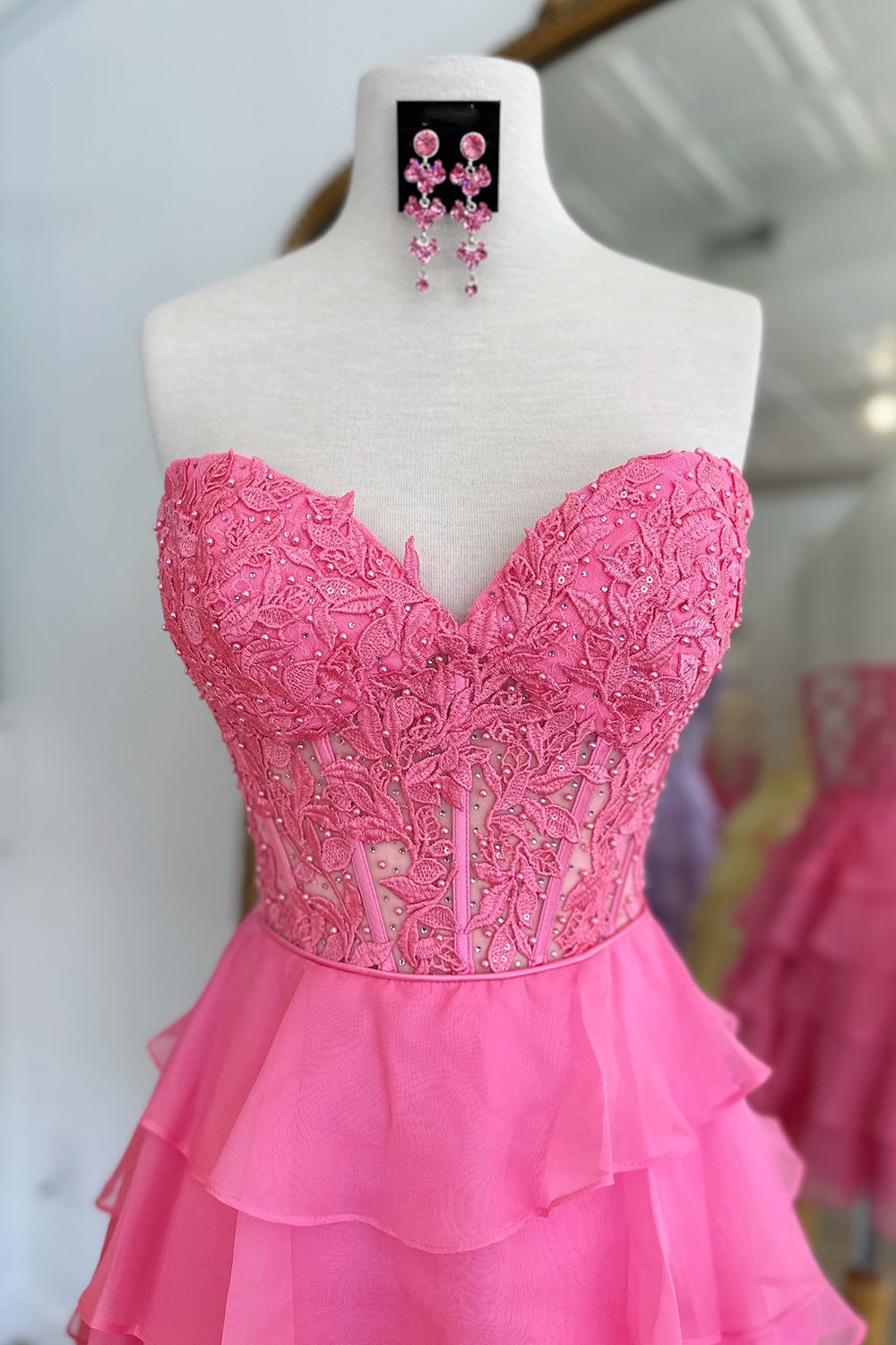 Sparkly A Line Pink Strapless Corset Short Homecoming Dress/Mini Dress with Ruffles