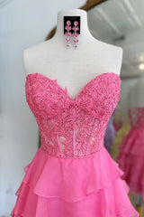 Sparkly A Line Pink Strapless Corset Short Homecoming Dress/Mini Dress with Ruffles