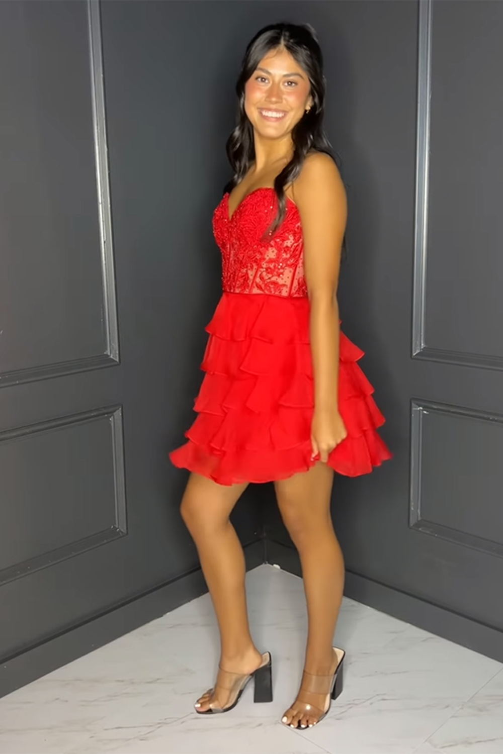 Sparkly Pink Corset Strapless A Line Short Homecoming Dress/Mini Dress with Ruffles