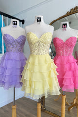 Sparkly Pink Corset Strapless A Line Short Homecoming Dress/Mini Dress with Ruffles