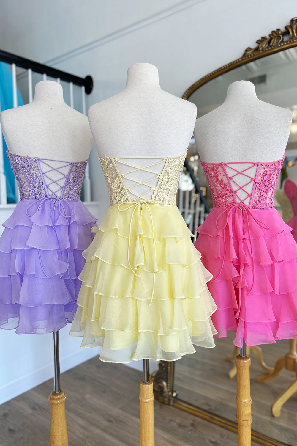 Sparkly Pink Corset Strapless A Line Short Homecoming Dress/Mini Dress with Ruffles