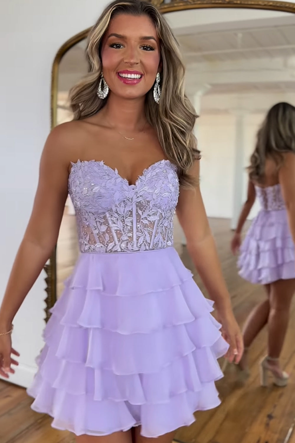 Sparkly A Line Fuchsia Corset Strapless Short Homecoming Dress/Mini Dress with Ruffles