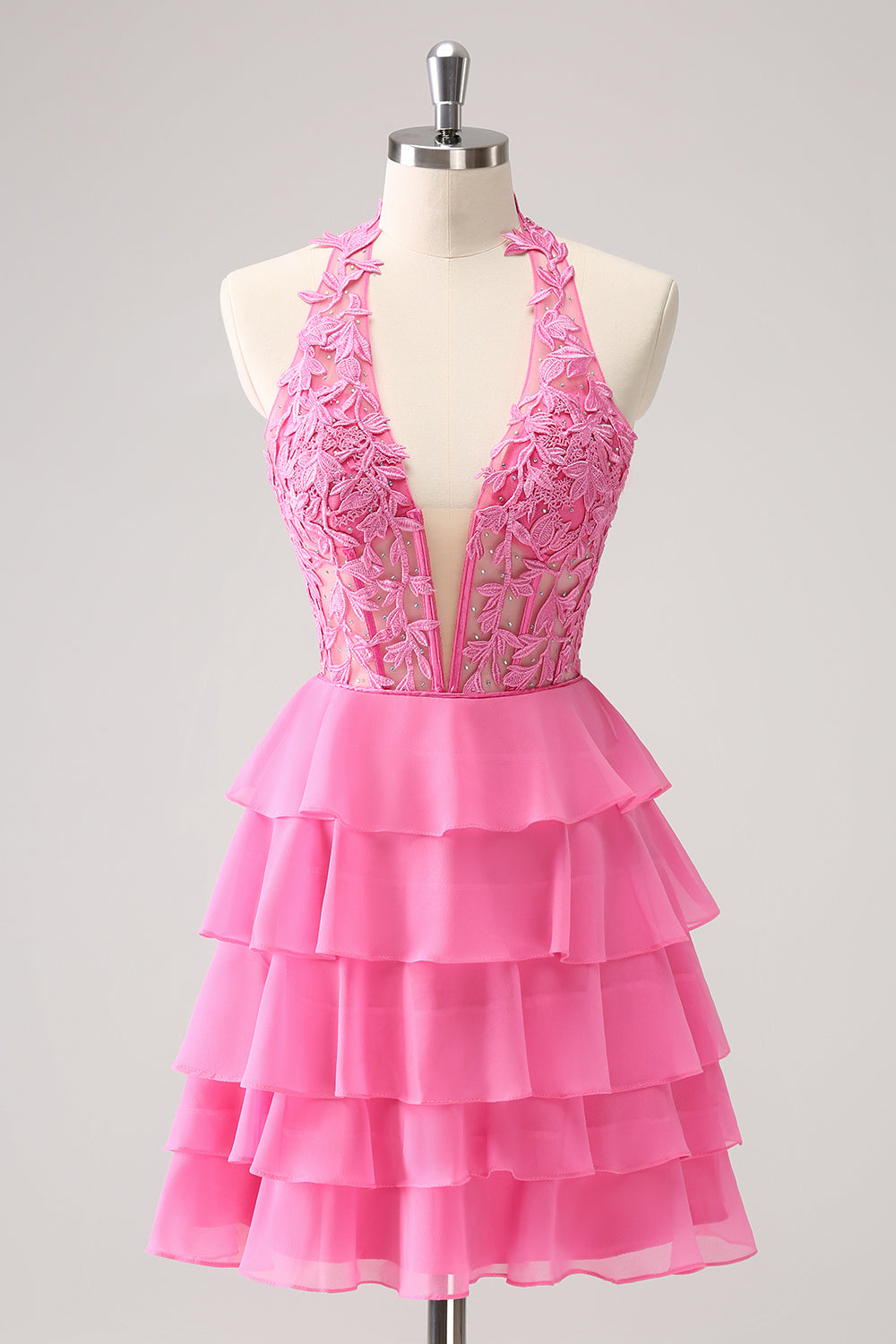 Cute Pink Corset A Line Tiered Short Homecoming Dress/Mini Dress with Appliques