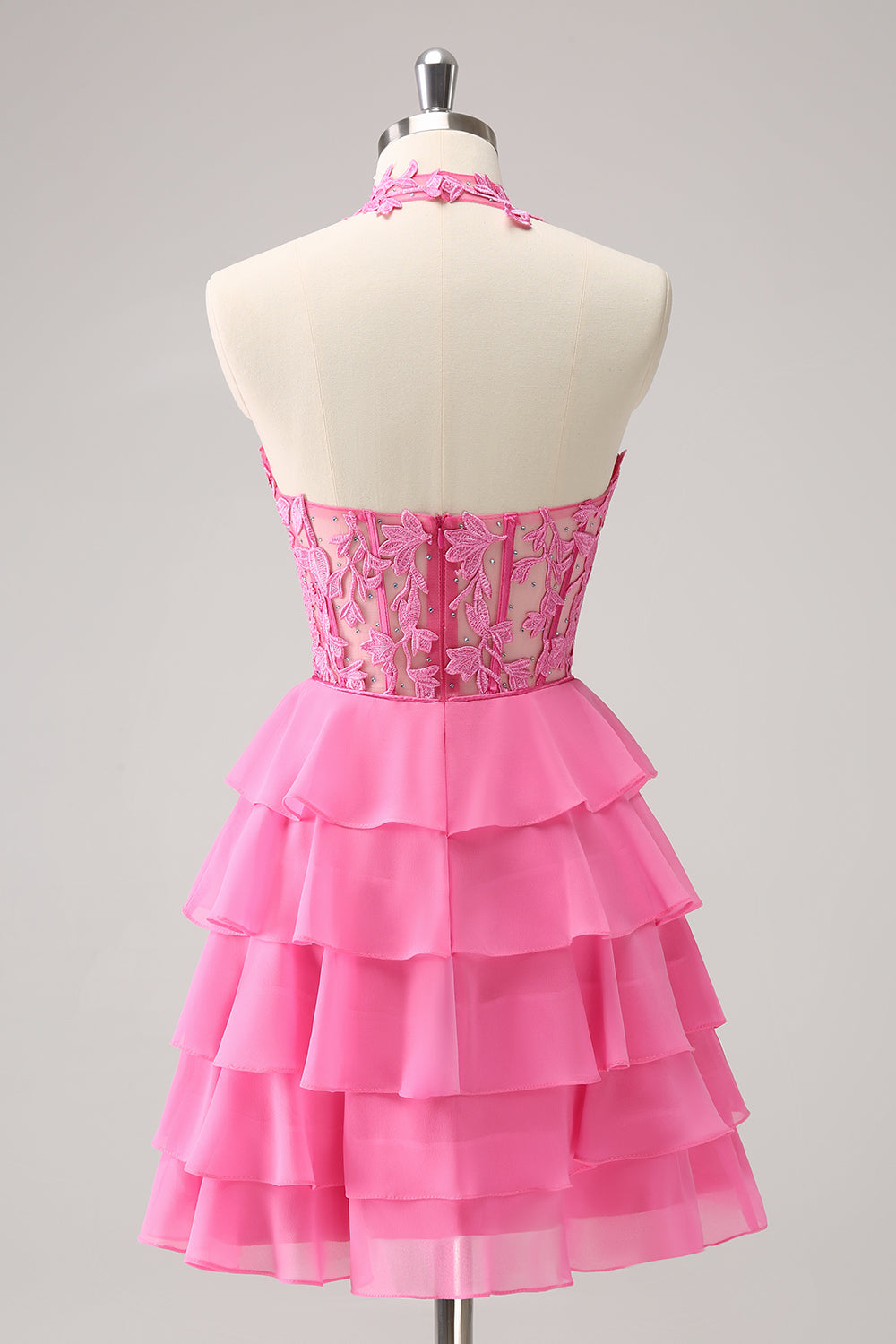 Cute Pink Corset A Line Tiered Short Homecoming Dress/Mini Dress with Appliques