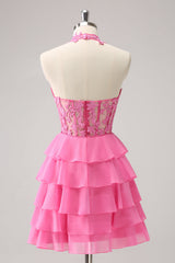 Cute Pink Corset A Line Tiered Short Homecoming Dress/Mini Dress with Appliques