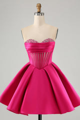 Trendy Fuchsia Corset A Line Strapless Short Homecoming Dress/Mini Dress with Beadings