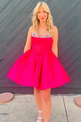 Trendy Fuchsia Corset A Line Strapless Short Homecoming Dress/Mini Dress with Beadings