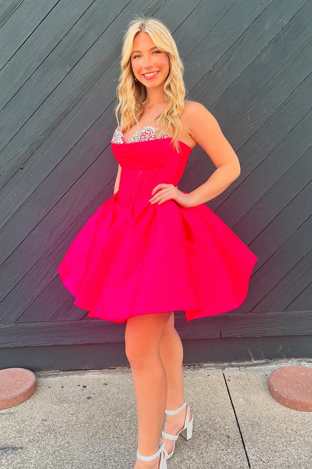Trendy Fuchsia Corset A Line Strapless Short Homecoming Dress/Mini Dress with Beadings