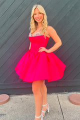 Trendy Fuchsia Corset A Line Strapless Short Homecoming Dress/Mini Dress with Beadings