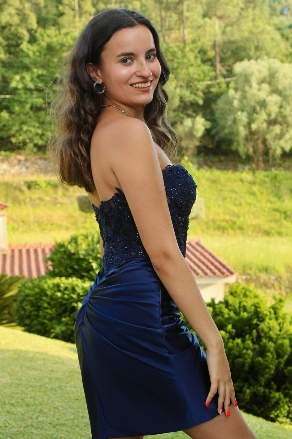 Sparkly Navy Corset Strapless Tight Short Homecoming Dress/Mini Dress with Appliques