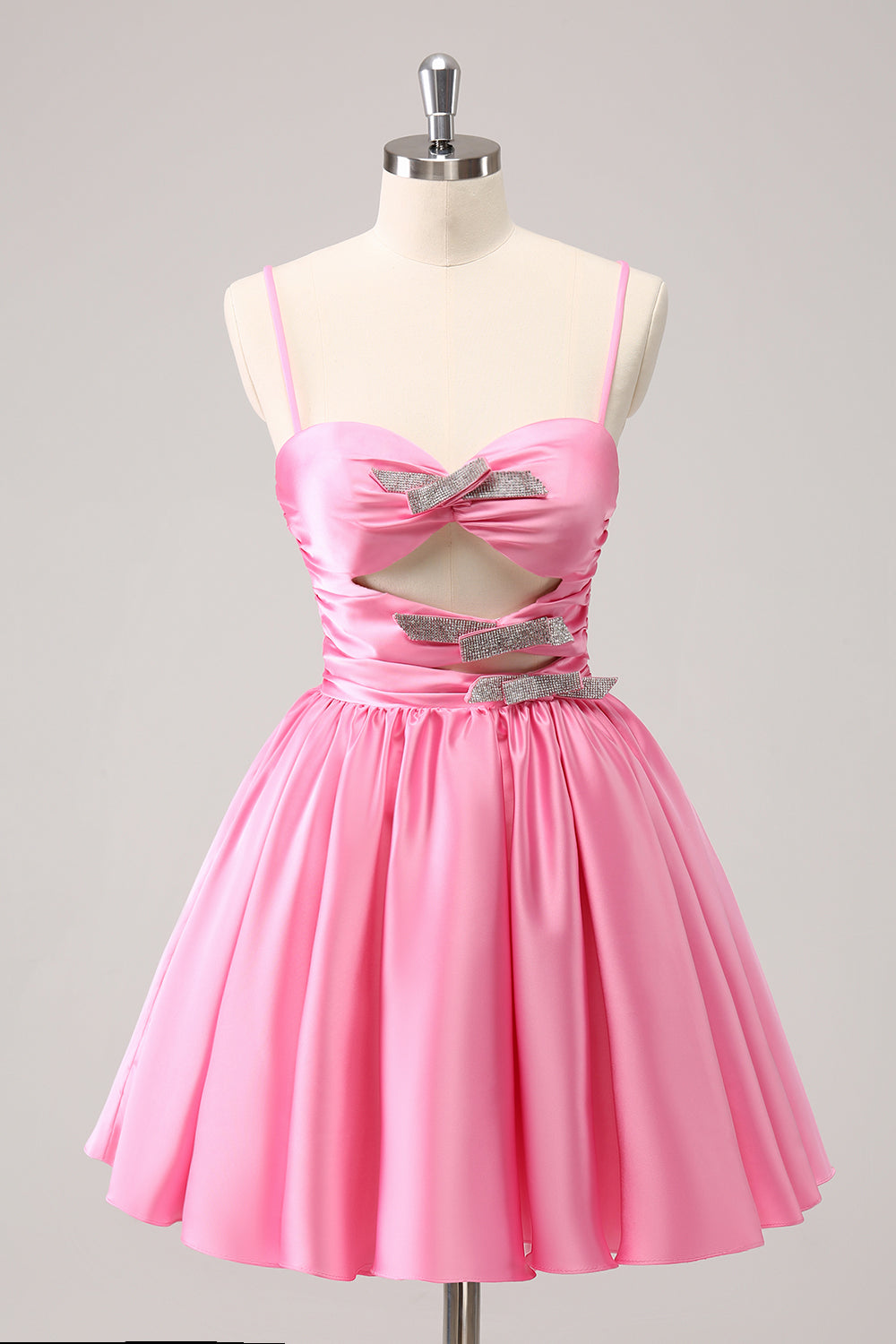 A Line Pink Spaghetti Straps Tiered Short Homecoming Dress/Mini Dress with Bow