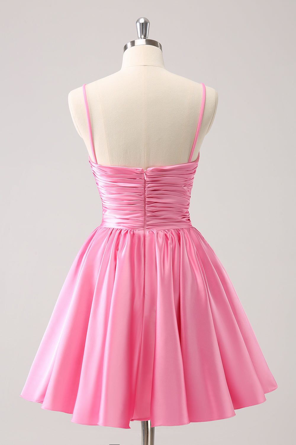 A Line Pink Spaghetti Straps Tiered Short Homecoming Dress/Mini Dress with Bow