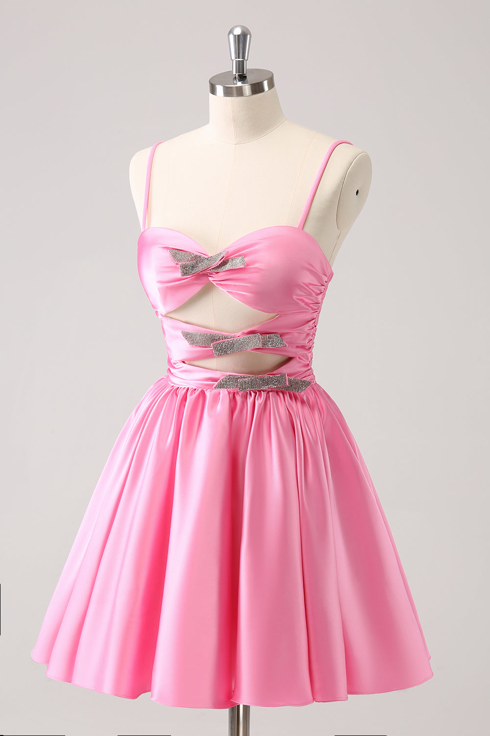 A Line Pink Spaghetti Straps Tiered Short Homecoming Dress/Mini Dress with Bow