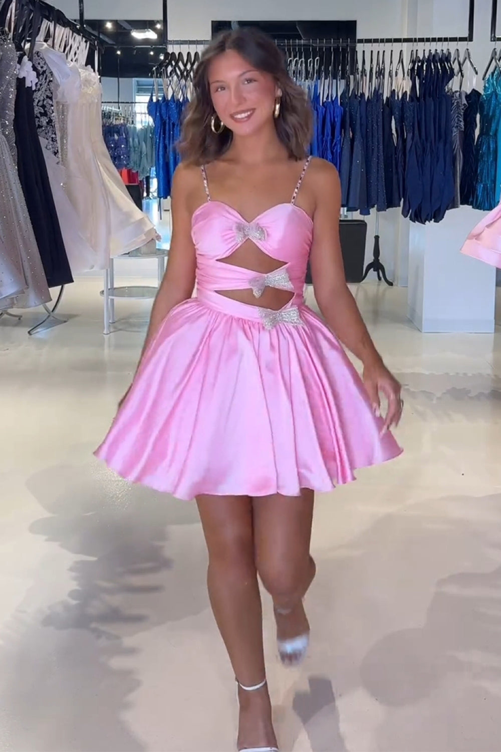 A Line Pink Spaghetti Straps Tiered Short Homecoming Dress/Mini Dress with Bow