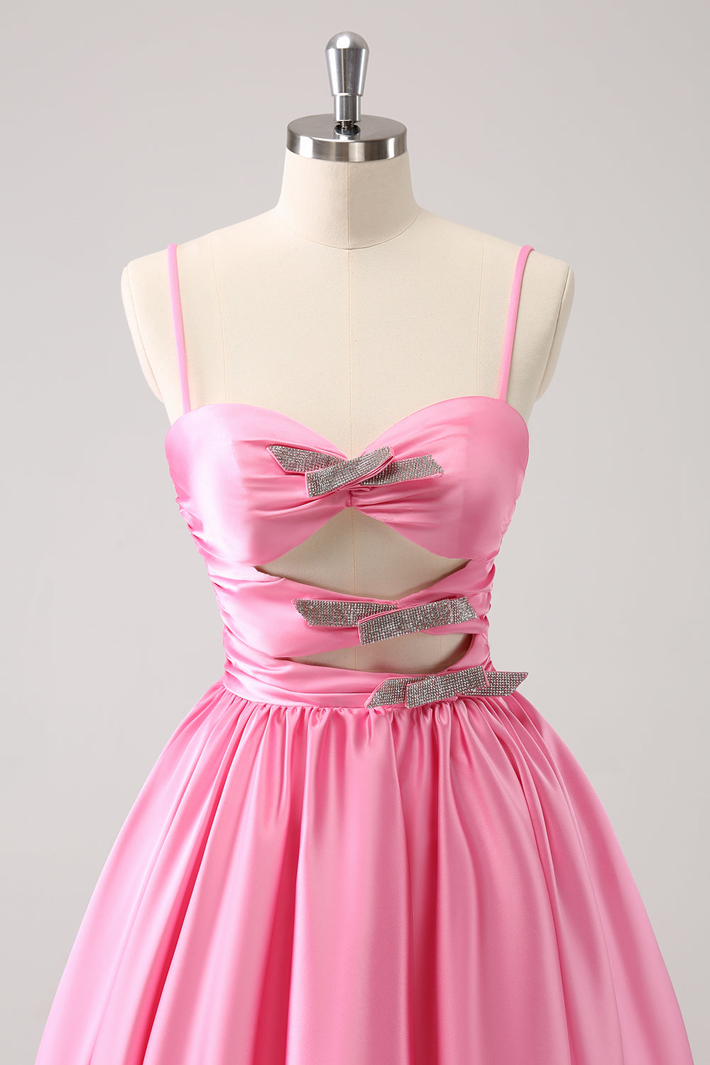 A Line Pink Spaghetti Straps Tiered Short Homecoming Dress/Mini Dress with Bow