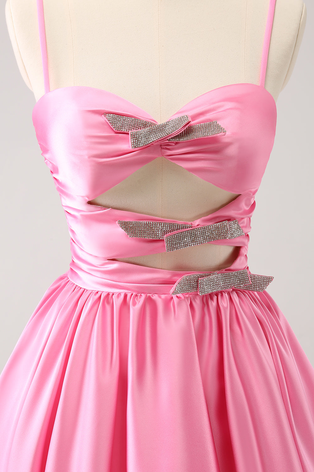 A Line Pink Spaghetti Straps Tiered Short Homecoming Dress/Mini Dress with Bow
