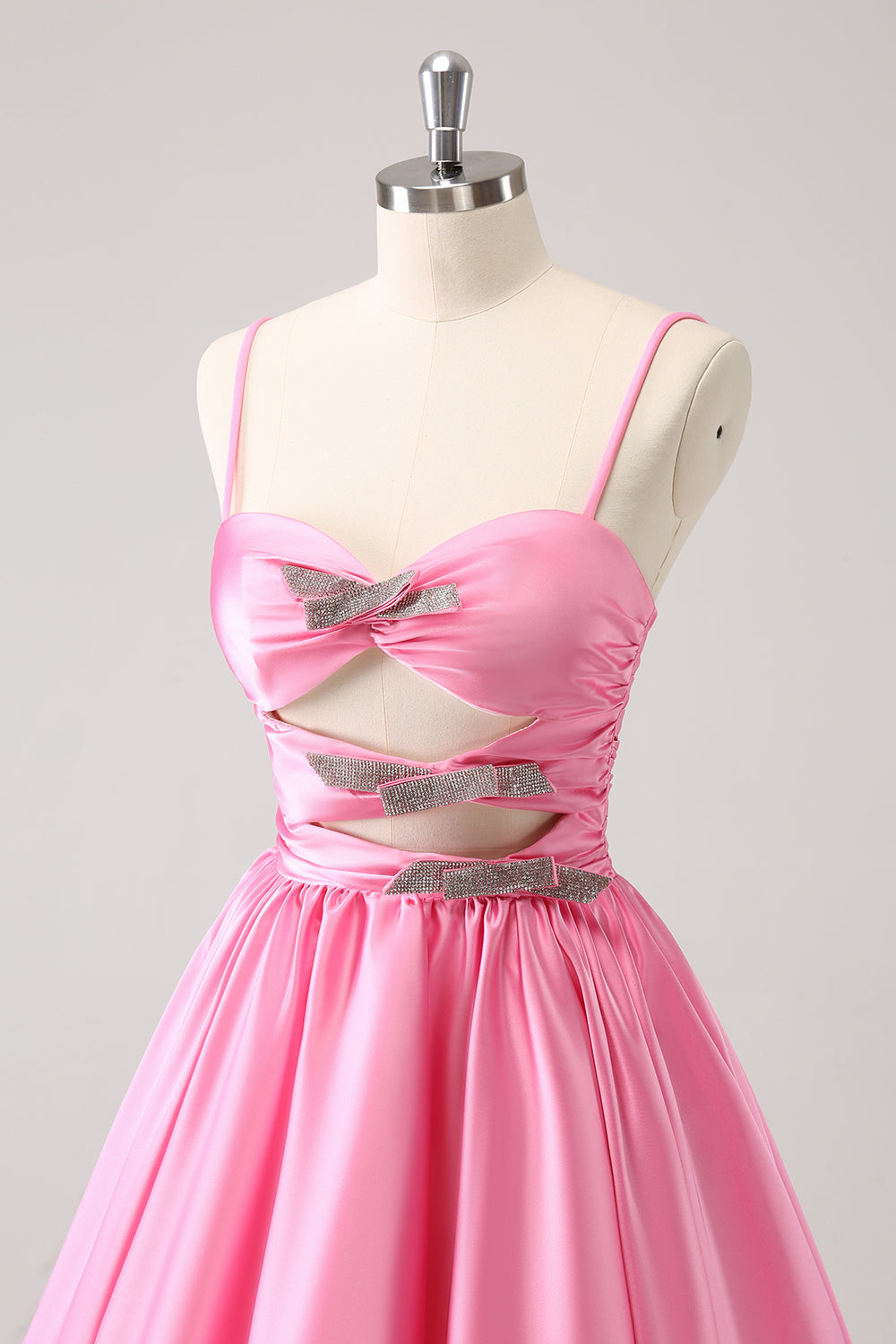 A Line Pink Spaghetti Straps Tiered Short Homecoming Dress/Mini Dress with Bow