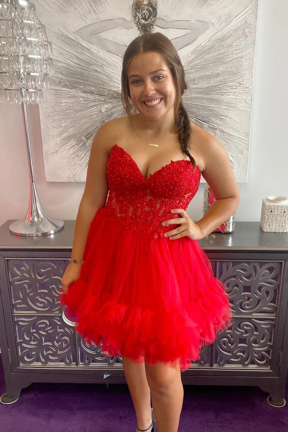 Cute Pink Strapless Corset A Line Tiered Short Homecoming Dress/Mini Dress