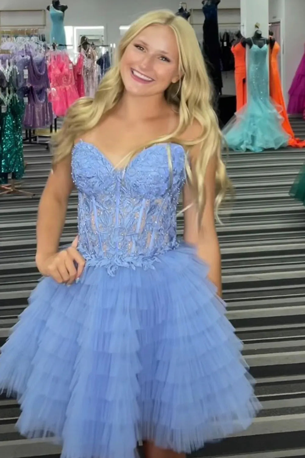 Lilac A Line Sweetheart Tiered Short Homecoming Dress/Mini Dress With Appliques