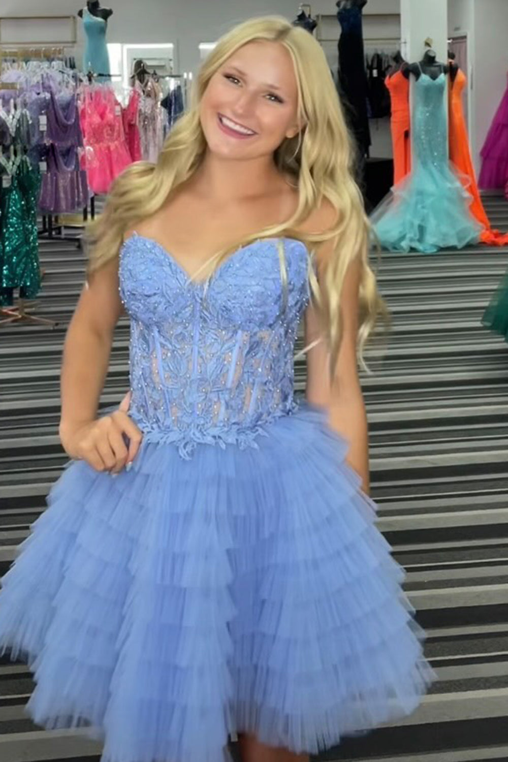 Blue A Line Strapless Tiered Short Homecoming Dress/Mini Dress With Appliques