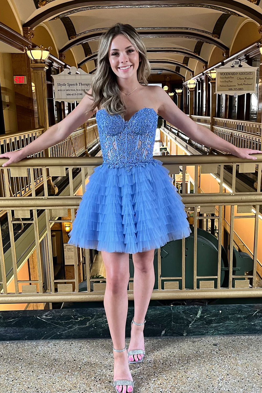 Pink A Line Strapless Tiered Short Homecoming Dress/Mini Dress With Appliques