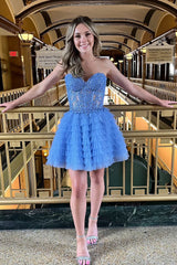 Blue A Line Strapless Tiered Short Homecoming Dress/Mini Dress With Appliques