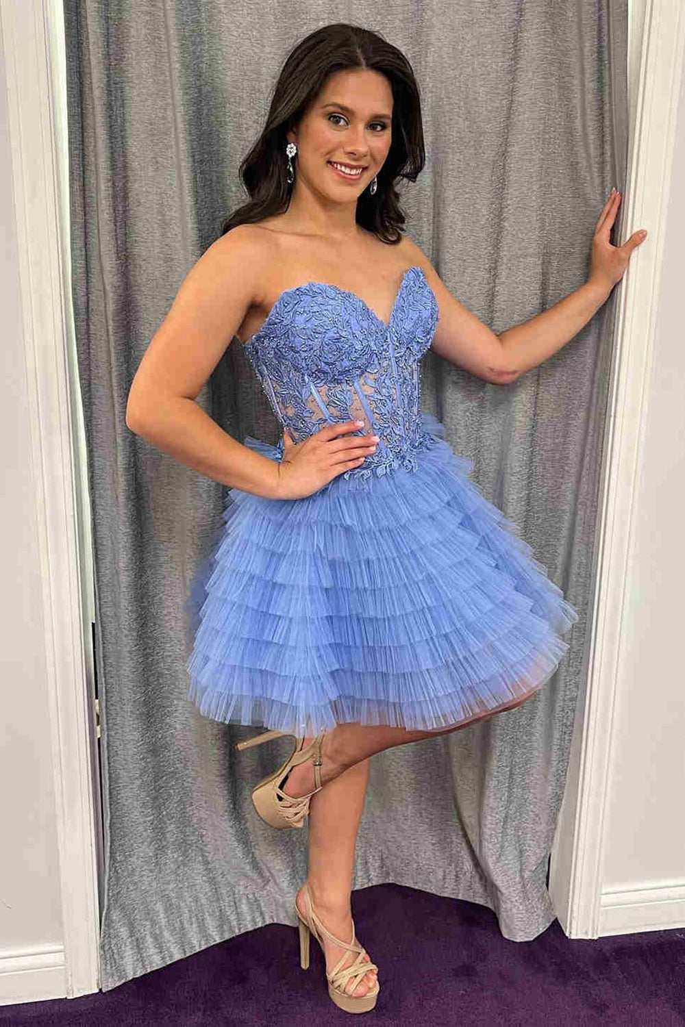 Pink A Line Strapless Tiered Short Homecoming Dress/Mini Dress With Appliques