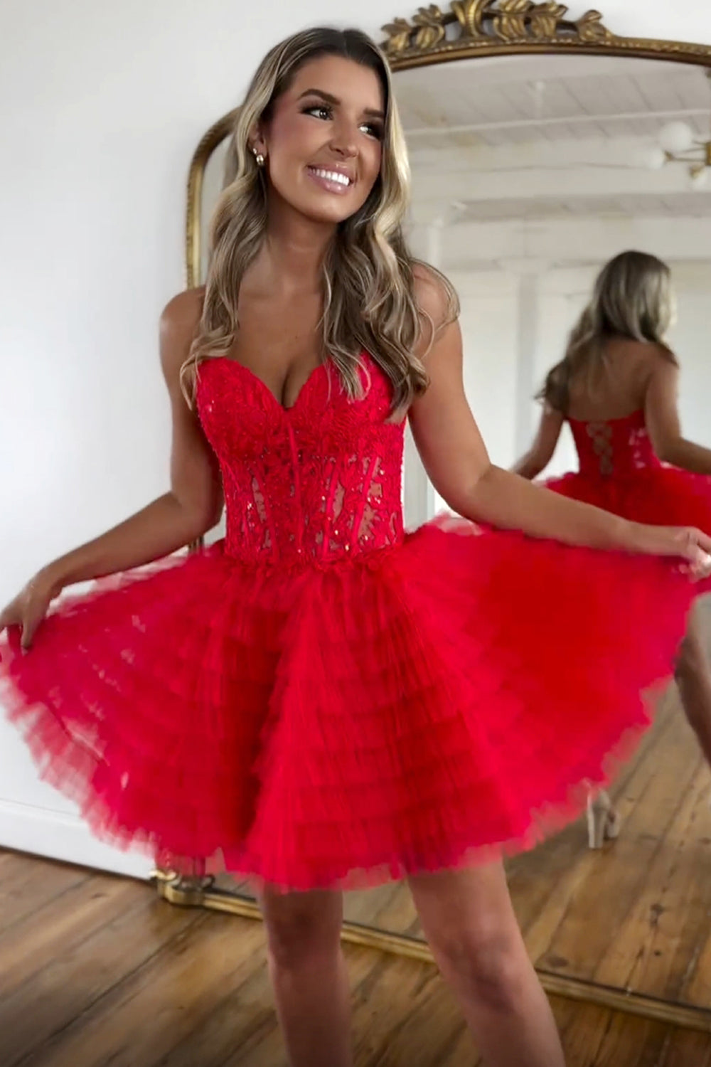Pink A Line Strapless Tiered Short Homecoming Dress/Mini Dress With Appliques