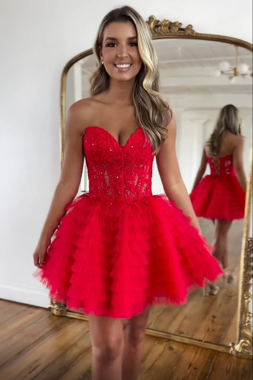 Blue A Line Strapless Tiered Short Homecoming Dress/Mini Dress With Appliques