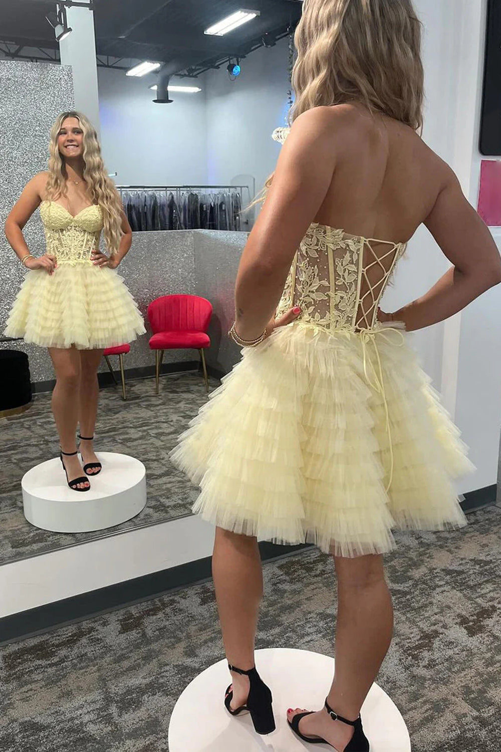 Blue A Line Strapless Tiered Short Homecoming Dress/Mini Dress With Appliques