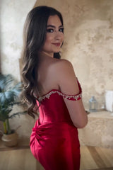 Sparkly Red Off The Shoulder Tight Short Homecoming Dress/Mini Dress with Beadings