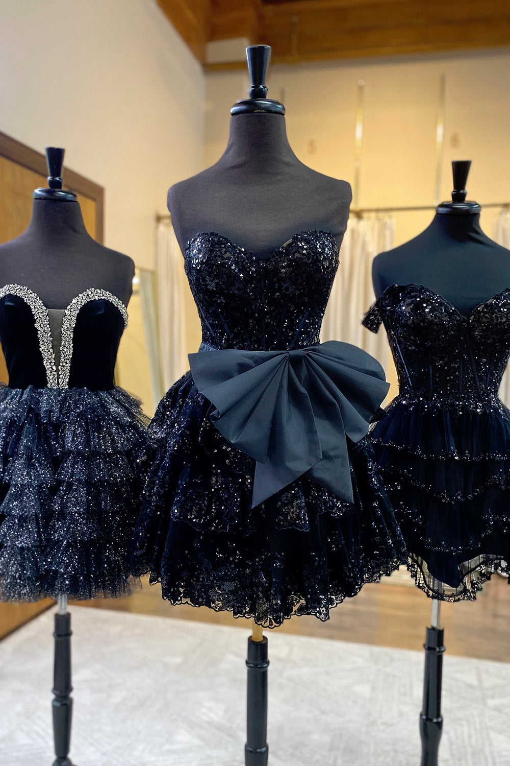 Sparkly Black Tiered Strapless A Line Homecoming Dress/Mini Dress With Beadings