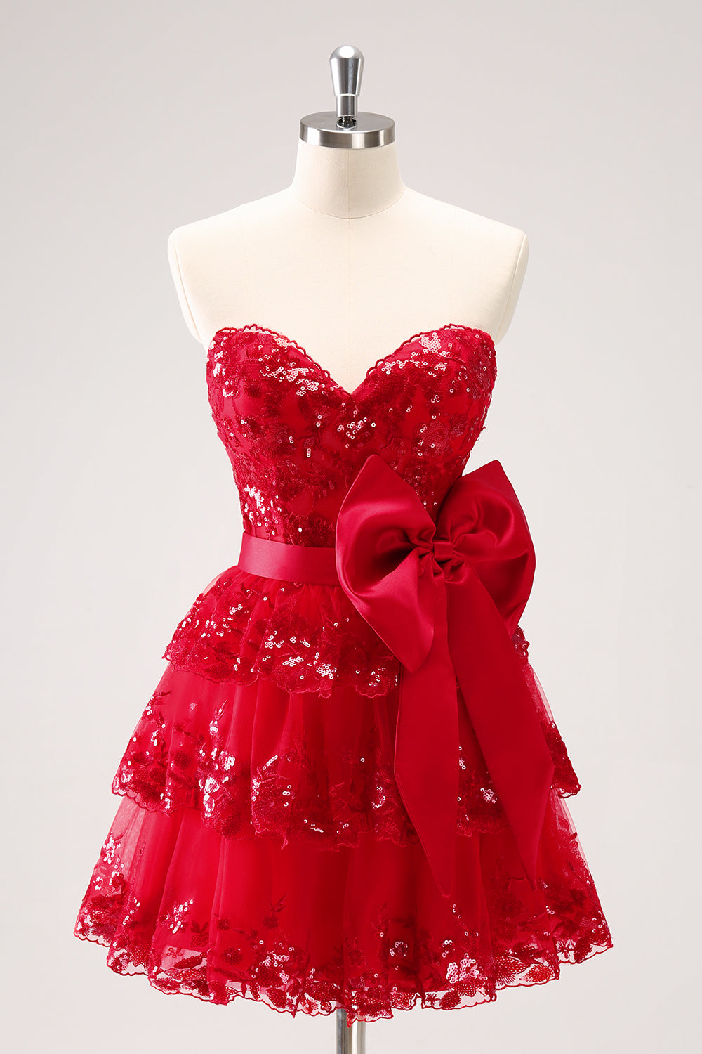 Red Sparkly Strapless A Line Short Homecoming Dress/Mini Dress with Bow