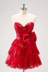 Red Sparkly Strapless A Line Short Homecoming Dress/Mini Dress with Bow