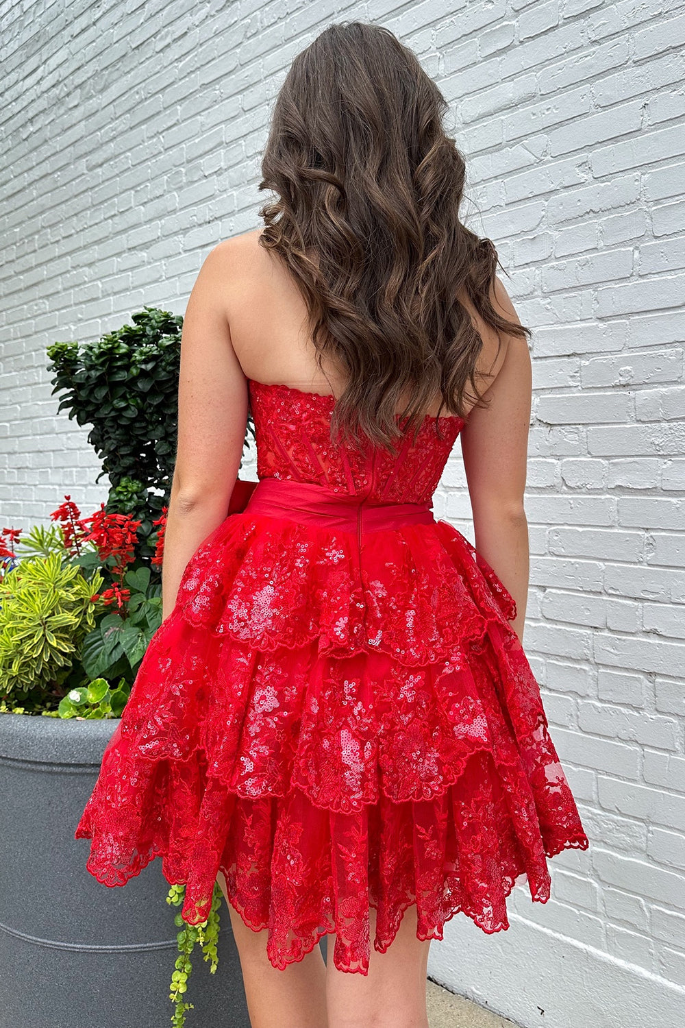 Sparkly A Line Red Strapless Corset Short Homecoming Dress/Mini Dress with Bow
