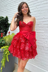 Sparkly A Line Red Strapless Corset Short Homecoming Dress/Mini Dress with Bow