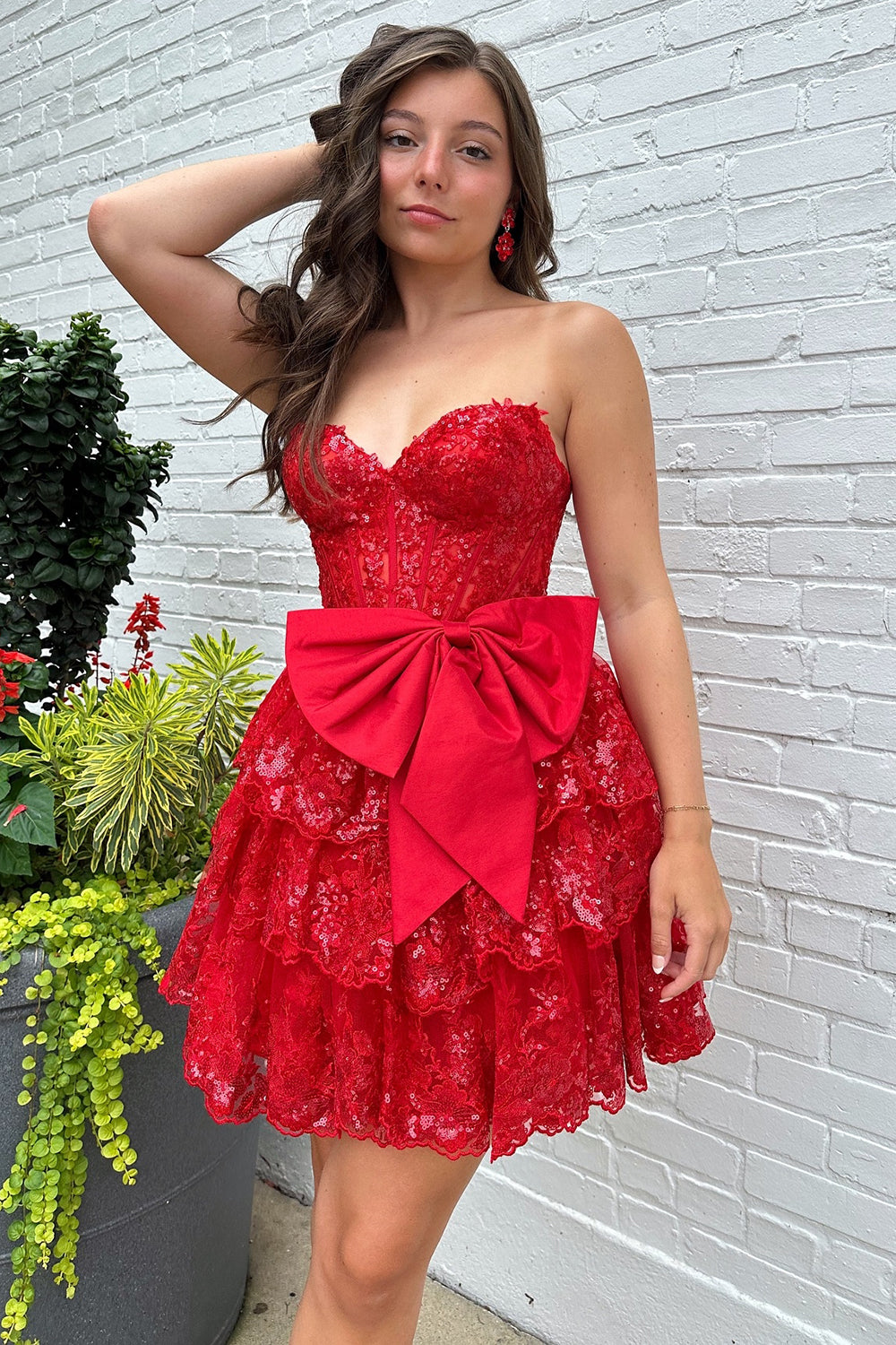 Sparkly A Line Red Strapless Corset Short Homecoming Dress/Mini Dress with Bow