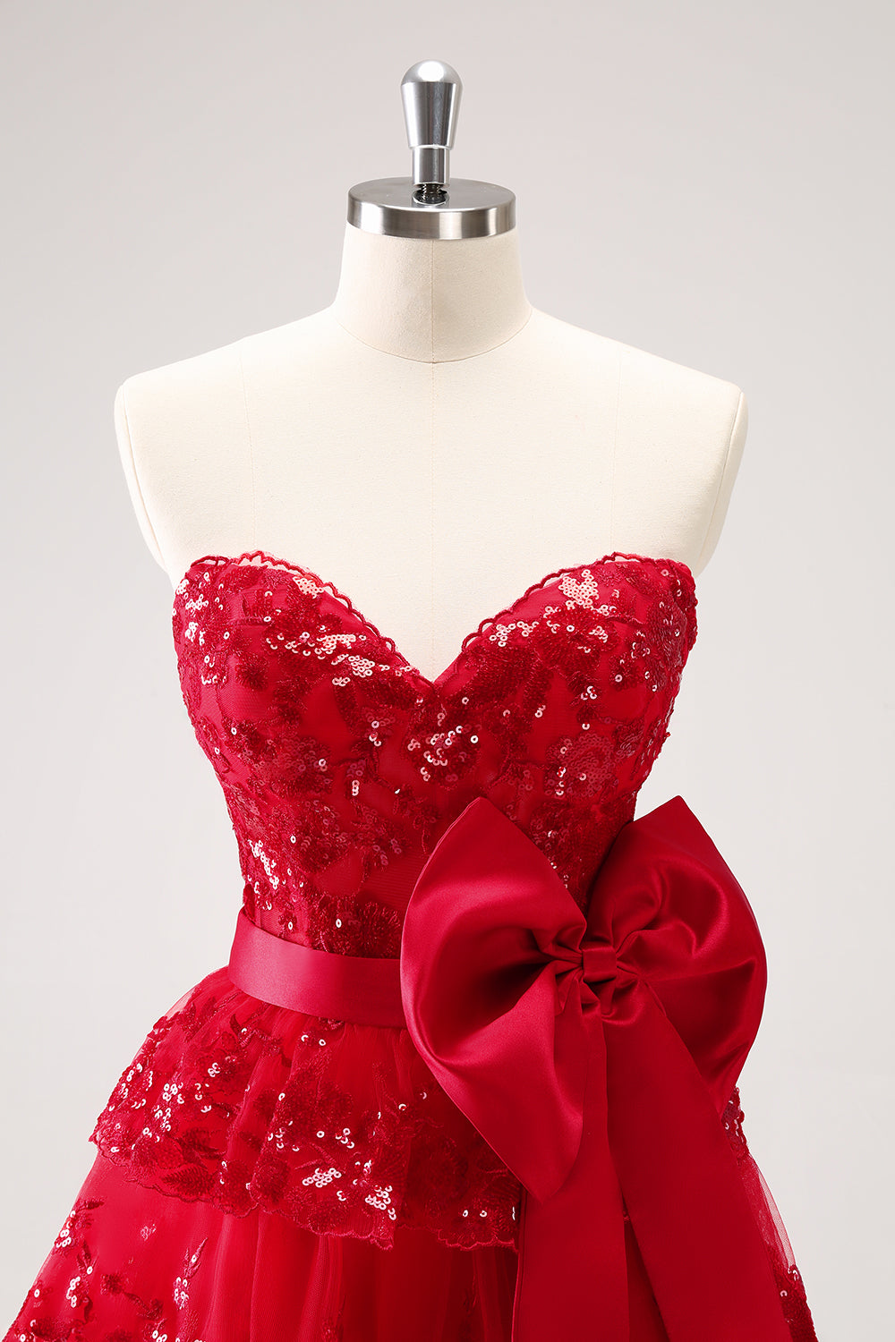Sparkly A Line Red Strapless Short Homecoming Dress/Mini Dress with Bow