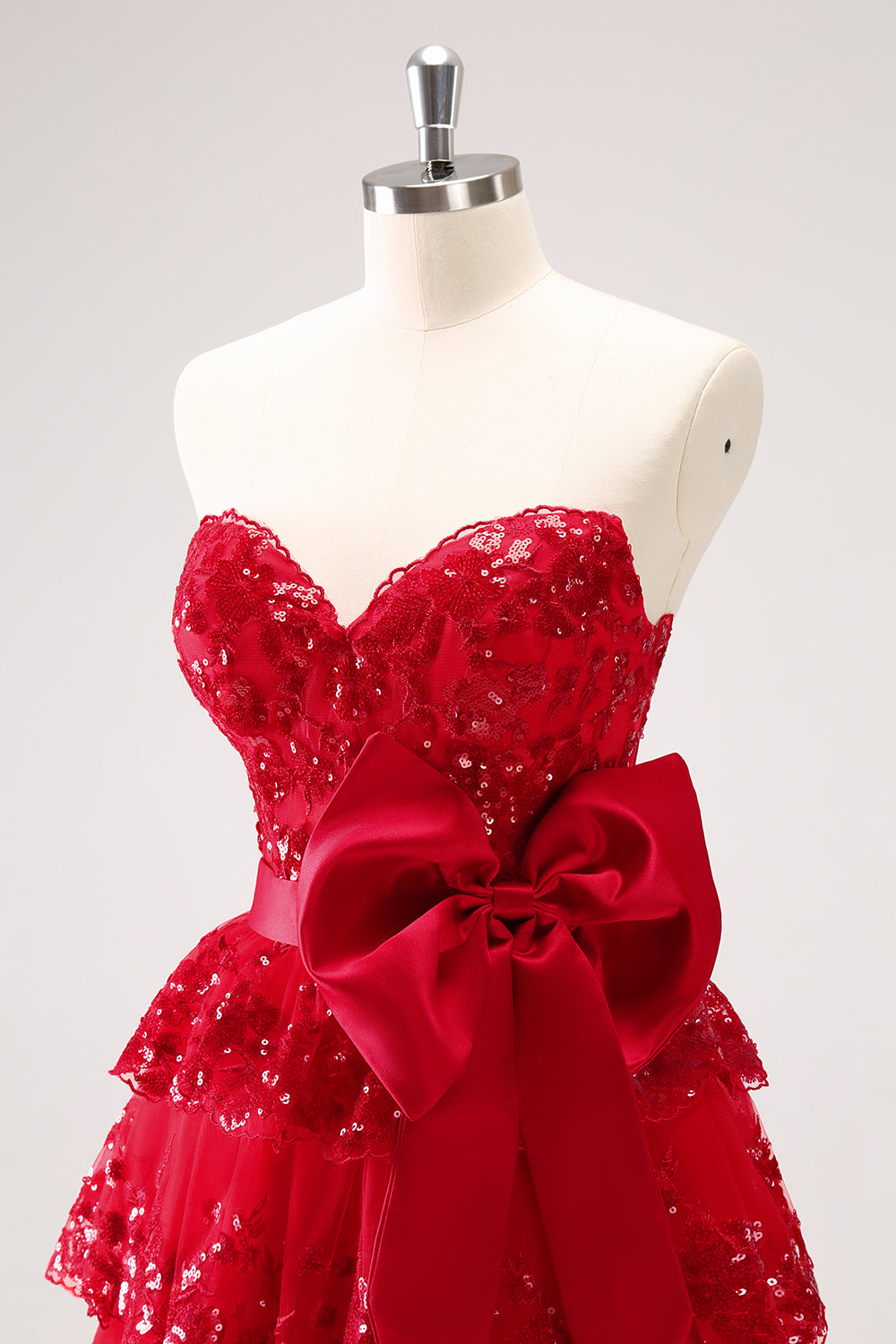 Sparkly A Line Red Strapless Short Homecoming Dress/Mini Dress with Bow