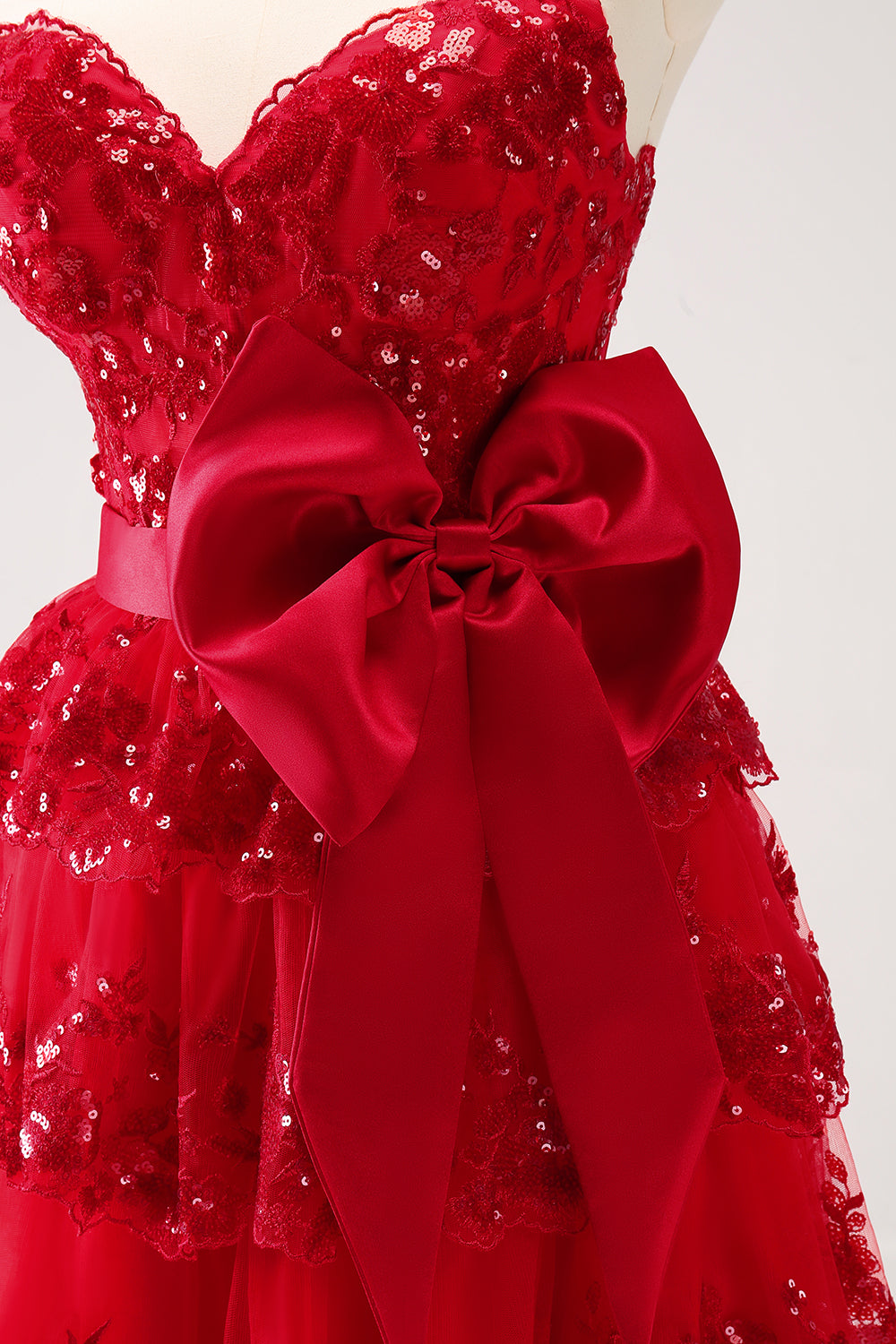 Red Sparkly Strapless A Line Short Homecoming Dress/Mini Dress with Bow