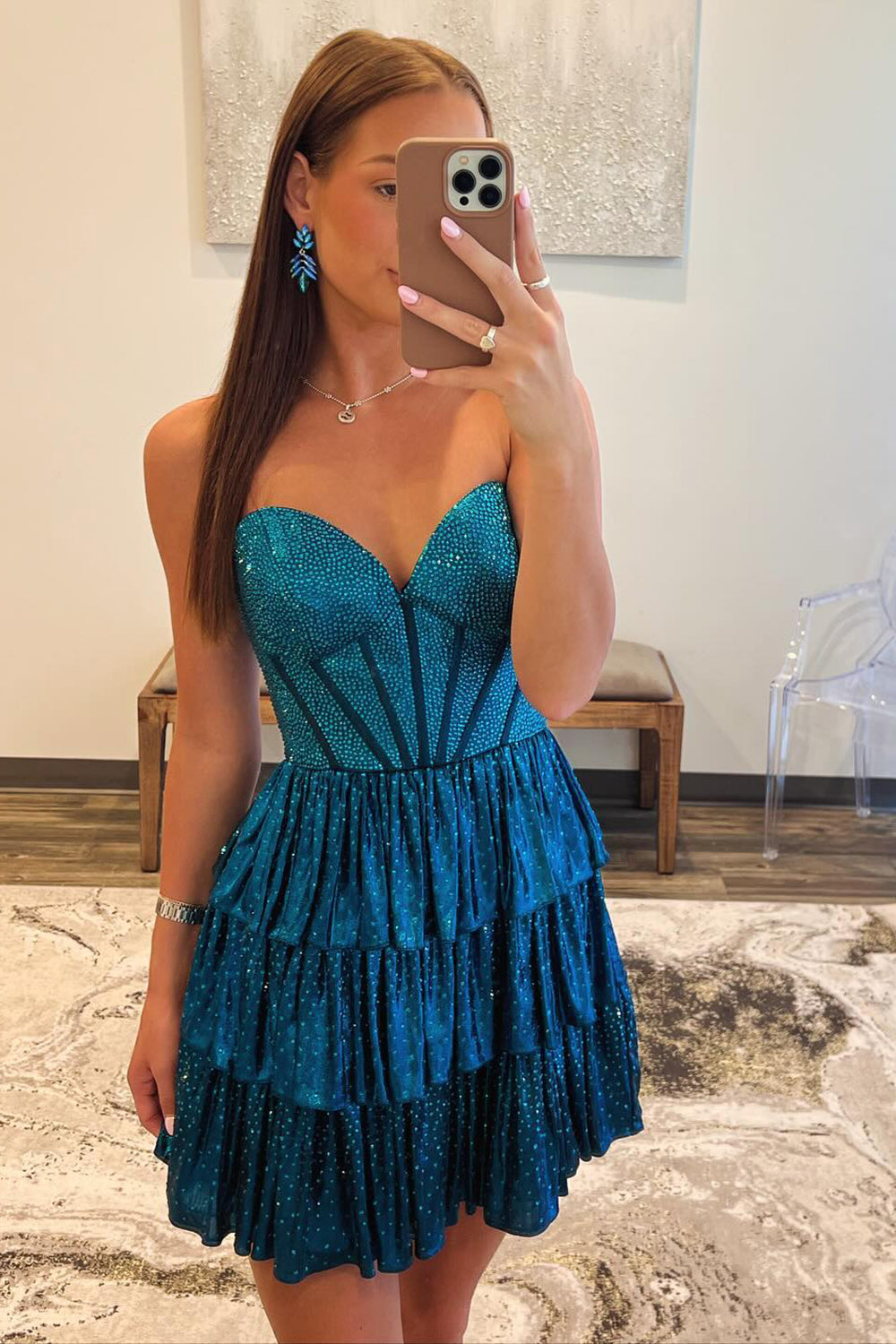 Sparkly Peacock Blue Sweetheart Ruffled Short Homecoming Dress/Mini Dress
