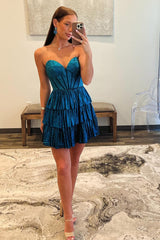 Sparkly Peacock Blue Sweetheart Ruffled Short Homecoming Dress/Mini Dress