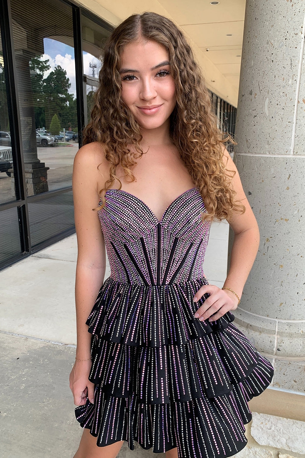Sparkly Lilac A Line Corset Strapless Tiered Short Homecoming Dress/Mini Dress